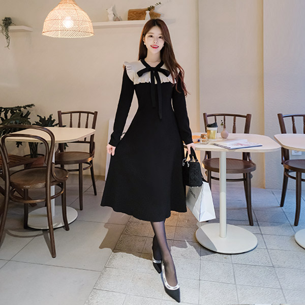 op8105 포근함 가득 선사할 컬러배색 리본포인트 니트 롱원피스 dress