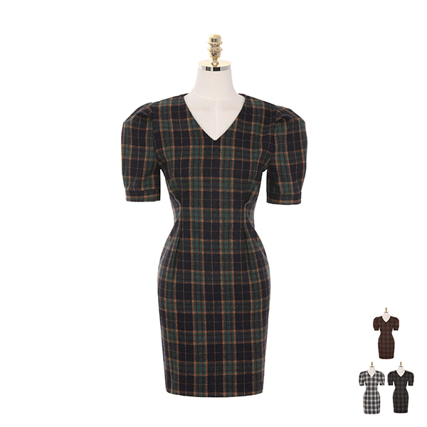 op8120 매력적인 체크 패턴으로 제작된 V넥 퍼프소매 반팔 미니 드레스 dress