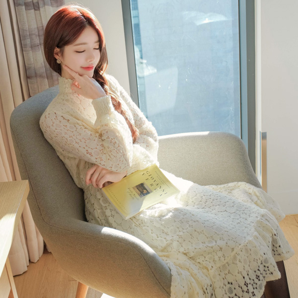 op8142 피치기모로 포근함 가득한 레이스패턴의 하이넥 롱원피스 dress