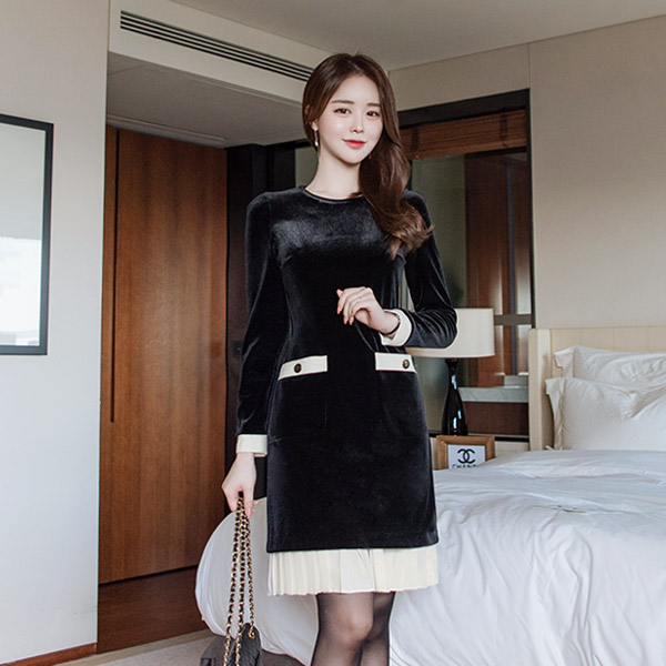 op8150 고급스럽고 깔끔한 클래식무드의 플리츠 배색 원피스 dress