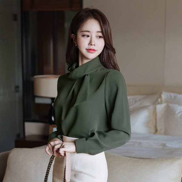 bs4805 하이퀄리티의 꼬임 타이 하이넥 블라우스 blouse