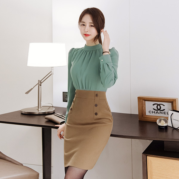 op8149 투피스인듯 배색디자인이 매력적인 셔링디테일의 미디 원피스 dress