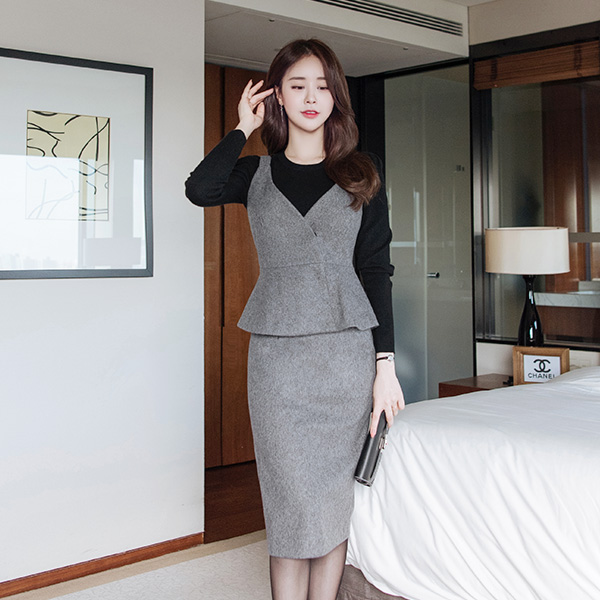 op8153 페플럼 나시 울 뷔스티에 탑과 h라인 미디롱 스커트 세트 two piece set