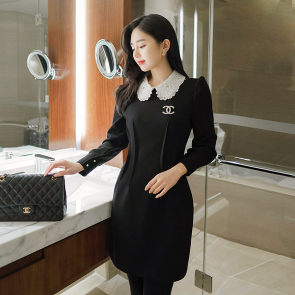 op8145 슬림한 허리 핀턱 라인과 배색 레이스 카라 장식의 퍼프소매 원피스 dress