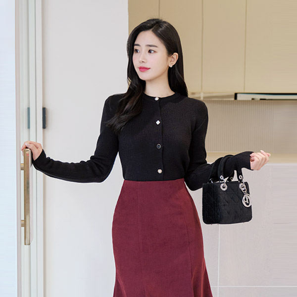 cd1237 다양한 진주 단추 장식의 슬림핏 라운드 가디건 cardigan