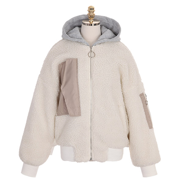 jp272 유니크한 이중 클로징 지퍼로 제작된 누빔 안감 뽀글 양털 후드 숏 점퍼 jumper