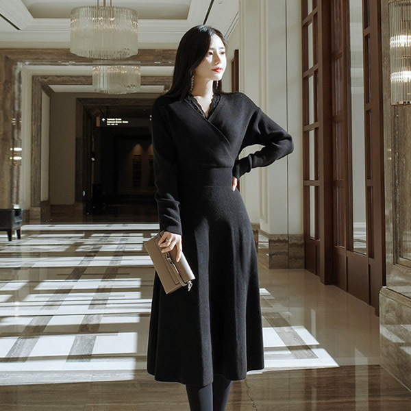 op8182 우아한 물결쉐입 레이스 트리밍의 랩 스타일 니트 롱 원피스 dress