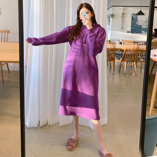 op8191 따뜻한 기모 안감으로 제작된 예쁨 가득한 내츄럴 일자핏 롱 후드 원피스 dress