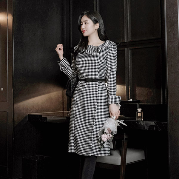 op8179 단정하고 깔끔한 실루엣의 벨트 세트 H라인 체크 원피스 dress