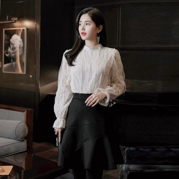 op8180 로맨틱하고 은은한 시스루 레이스 블랑 디자인의 배색 원피스 dress