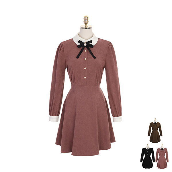 op8201 코듀로이 소재로 제작된 브로치 포함 진주버튼 미디 A라인 드레스 dress