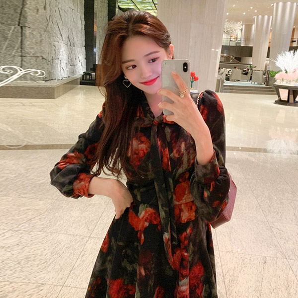op8210 고혹적인 플라워패턴의 기모원단 리본 플레어 미니원피스 dress