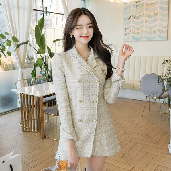 op8239 핫한 아이돌 셀럽룩을 연출해드릴 명품레이블 감성의 골드 트위드 진주버튼 미니자켓원피스 dress