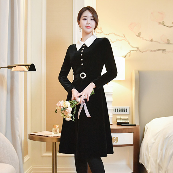 op8232 영롱한 큐빅벨트 세트 플리츠 배색 벨벳원피스 dress
