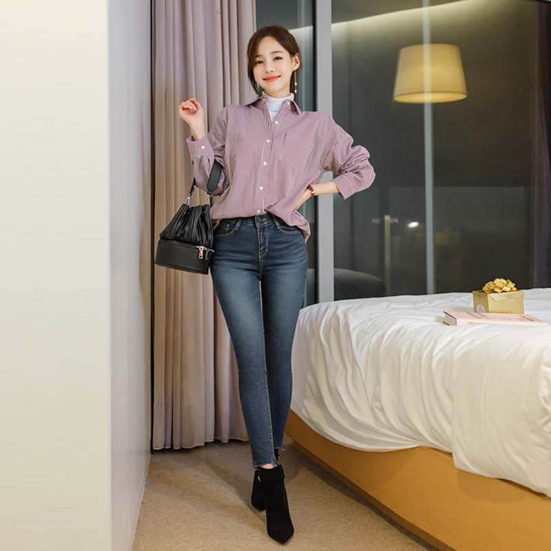 언발 밑단 컷팅포인트의 기모소재 허리밴딩 데일리 스키니진 pants 벚꽃룩
