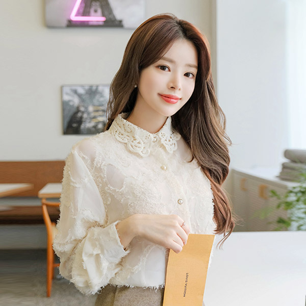 bs4836(A) 날개사 패프릭의 진주장식 포인트 레이스카라 블라우스 blouse
