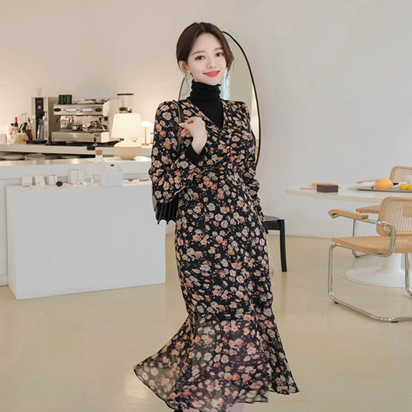 op8315 플라워가든 V넥 셔링포인트 플라워패턴 롱원피스 dress