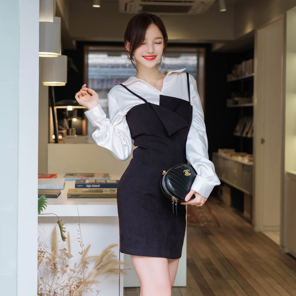 op8308 세련된 언밸런스 넥디자인의 슬림핏 서스펜더 미니원피스 dress