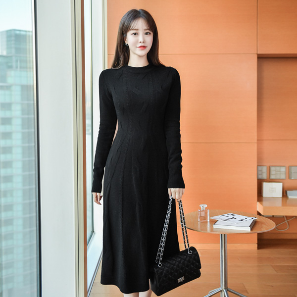 op8323 페미닌한 A라인 실루엣의 따뜻한 울 꽈배기 니트 롱 원피스 dress