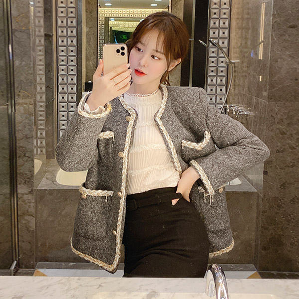jk1089 반짝이는 골드 체인 로프 장식과 주머니 포인트의 누빔안감 울혼방 트위드 자켓 jacket