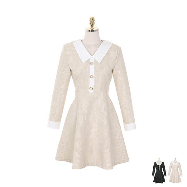 op8285 하이퀄리티 트위드 소재로 제작된 진주버튼 배색카라 A라인 미디 드레스 dress