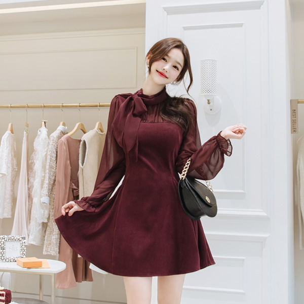 op8365 넥라인 리본스트랩포인트 스웨이드 텍스쳐의 미니 원피스 dress