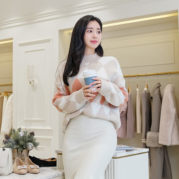 nt2035 알록달록 컬러 배색의 루즈핏 반하이넥 아가일 니트 knit