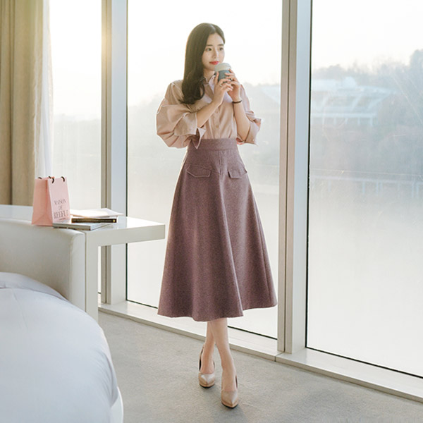 sk3900 울과 보카시 혼방 패브릭으로 도톰하고 따뜻한 포켓 포인트 플레어 롱 스커트 skirt