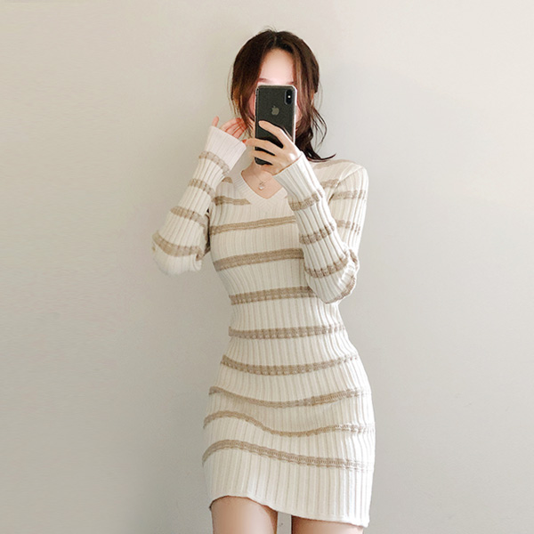 op8391 캐쥬얼하게 입기 좋은 스트라이프 패턴의 골지 니트 원피스 dress