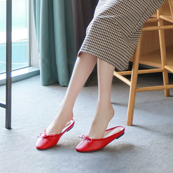 sh1744 귀여운 무드로 연출 가능한 베이직한 디자인의 리본 플랫 뮬 슬리퍼 shoes