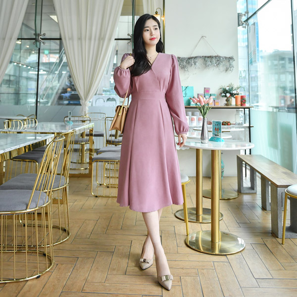 op8396 여신 머메이드 실루엣의 랩 디자인 브이넥 미디롱 원피스 dress