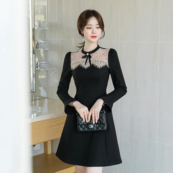 op8378 톡톡한 모직 소재감의 로맨틱 여신무드 레이스 배색 브로치 세트 원피스 dress