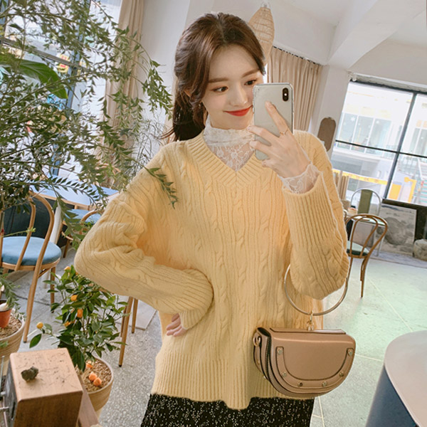 nt2048 보들보들 말랑한 꽈배기 짜임의 상큼컬러 루즈핏 브이넥 니트 knit