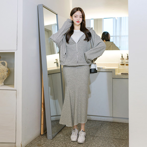 op8432 밍크털안감의 후드집업과 밴딩 롱 언발스커트 투피스세트 two piece set