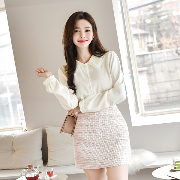 bs4885 소녀스러운 배색 레이스 카라넥의 로맨틱 블라우스 blouse