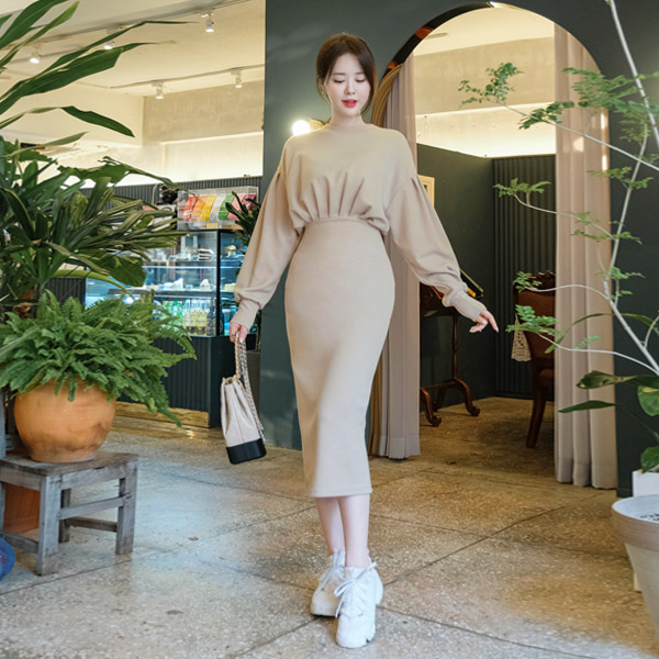 op8445 예쁘게 체형커버 도와주는 셔링 디자인의 볼륨업 스판 롱 원피스 dress