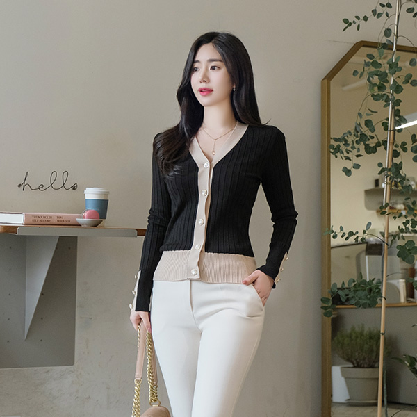 cd1264 매력적인 컬러 배색과 금장 단추 장식의 슬림 골지 가디건 cardigan