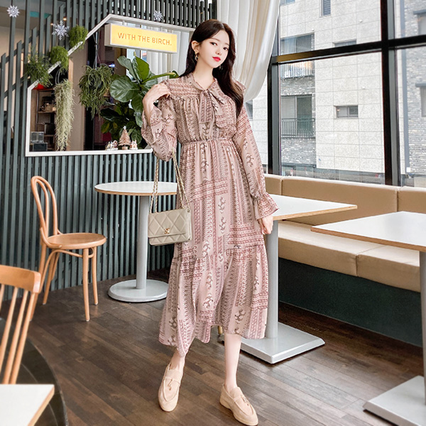 op8430 유니크 페미닌무드의 플라워패턴 포인트 리본 롱원피스 dress