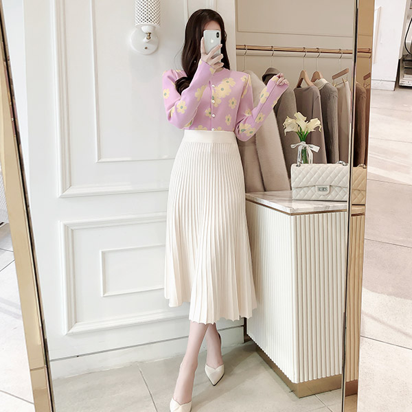 sk3930 포근하고 부드러운 주름 니트 패브릭으로 제작된 A라인 롱 스커트 skirt