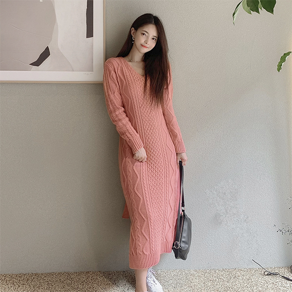 op8438 이지하게 착용하기 좋은 꽈배기 짜임의 V넥 뒷리본 니트 롱 드레스 dress