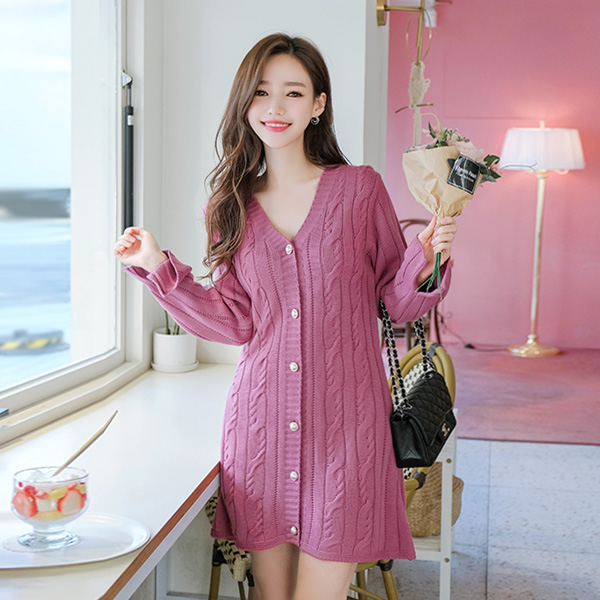 op8453 꽈배기 니트패턴과 진주버튼 장식의 A라인 미니 가디건 원피스 dress