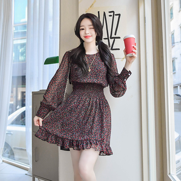 op8460 스모크 밴딩 디자인과 잔꽃패턴의 로맨틱 쉬폰 미니원피스 dress
