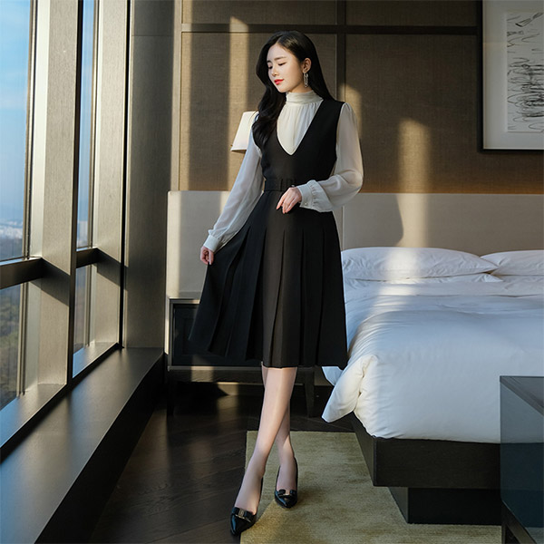 op8479 단아하고 단정한 무드의 벨트세트 플리츠 서스팬더 원피스 dress