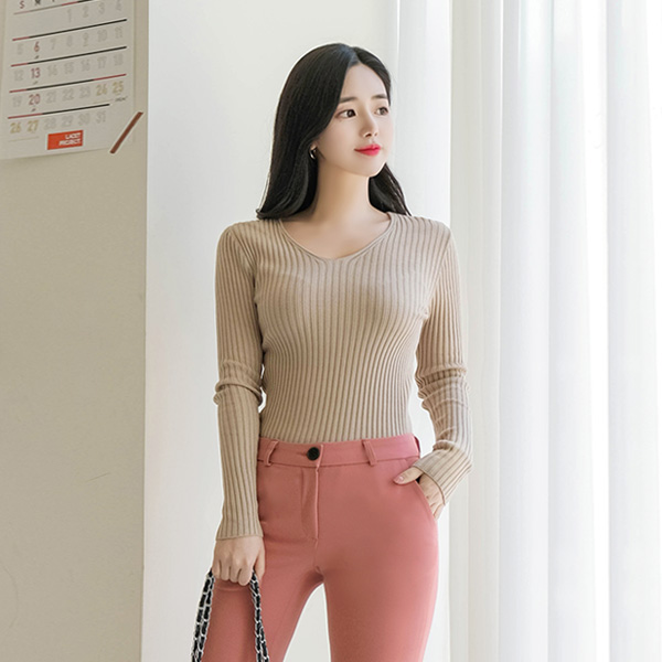 nt2071 말랑말랑 쫀쫀한 골지 짜임의 슬림 브이넥 니트티 knit
