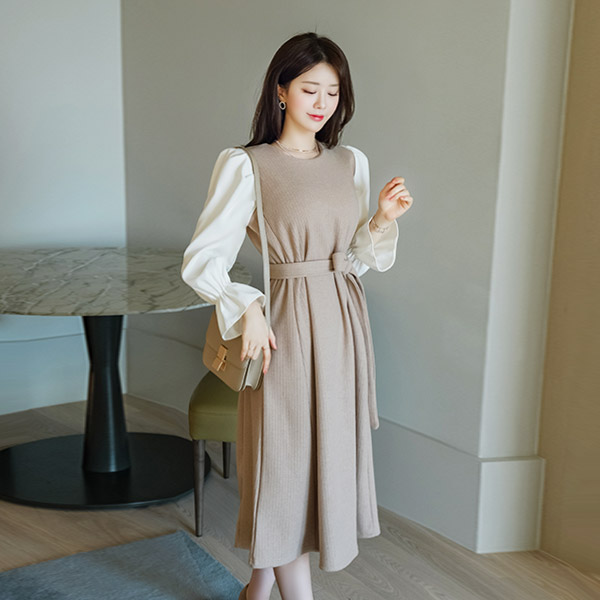 op8489 따스한 울20% 함유량과 퍼프소매배색 디자인으로 마무리된 벨트세트 A라인원피스 dress
