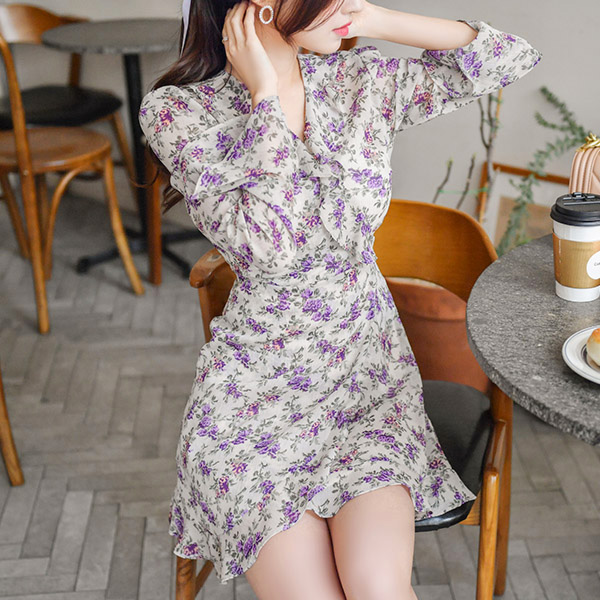 op8506 로맨틱한 플라워 패턴과 러플 장식의 쉬폰 랩 원피스 dress