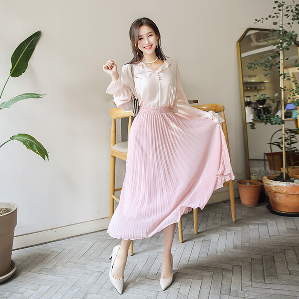 sk3942 하늘하늘 쉬어한 쉬폰 소재의 허리밴딩 플리츠 롱 스커트 skirt
