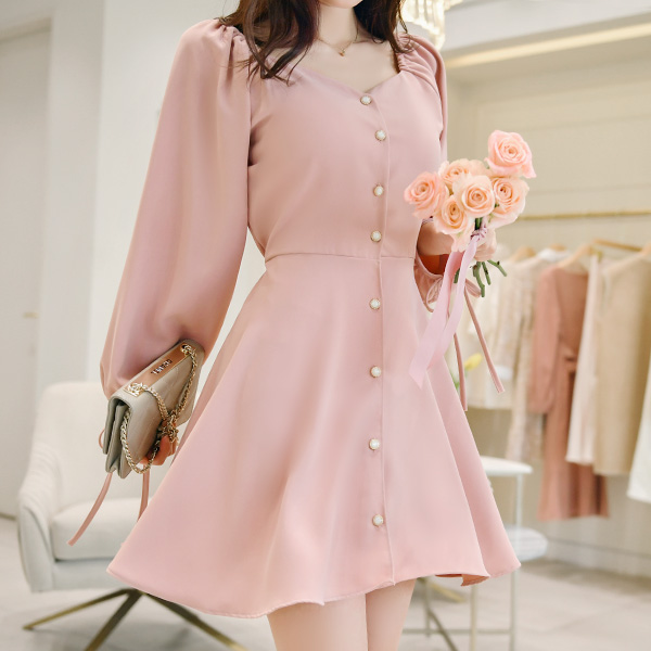 op8507 투웨이 스타일의 진주 단추 포인트 리본소매 오프숄더 원피스 dress