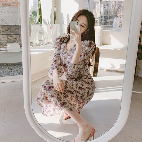 op8520 독보적인 분위기여신을 만들어주는 은은한 로즈패턴과 셔링 디테일의 쉬폰 롱원피스 dress