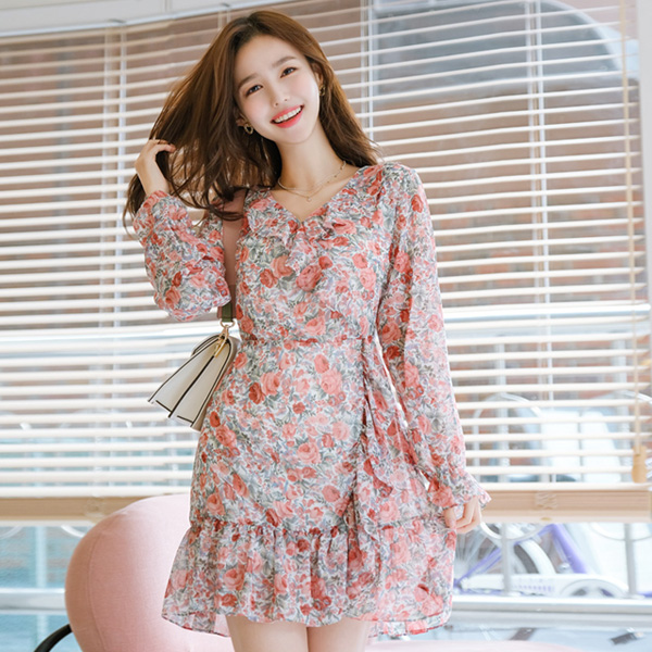 op8528 보기만해도 꽃향기가 날 것 같은 플라워 패턴의 랩 프릴 미니원피스 dress